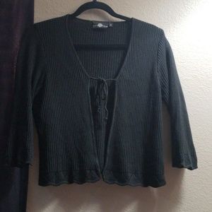 Black crochet trim open tie front cardigan